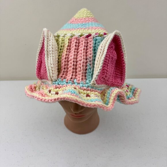 Handmade Multicolor Crochet Cat Ear Pixie Hat With Ruffled Brim For Adults main image 10